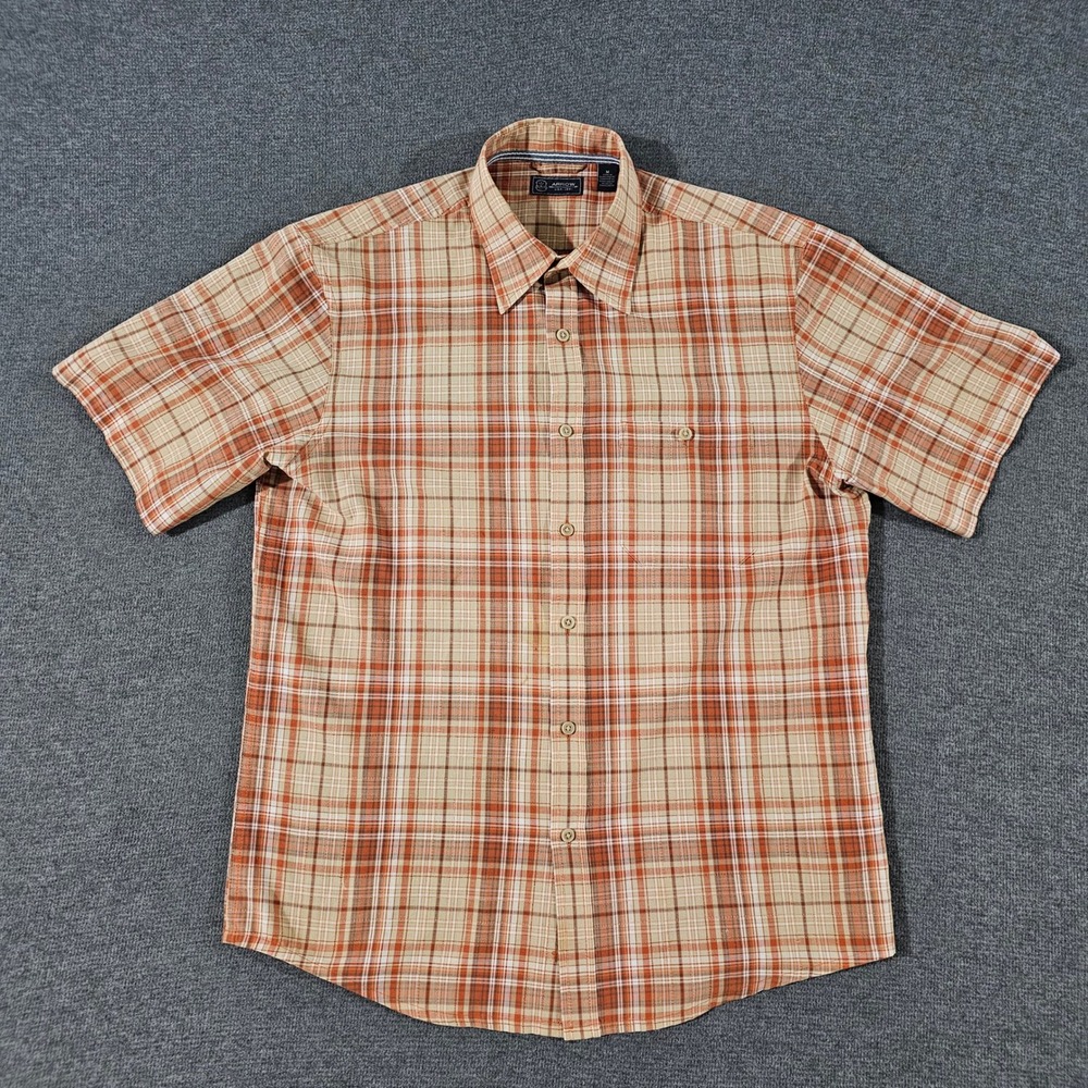 Arrow USA 1851 Mens Plaid Short Sleeve Button Down Shirt Orange Tan Medium